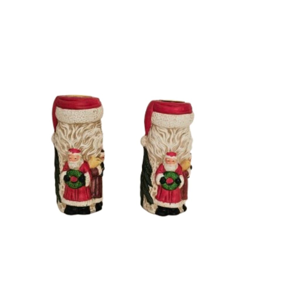SANTA  2 PC CERAMIC CANDLE HOLDERS